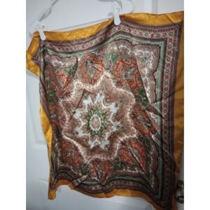 Vintage Paisley Satin Scarf 28" Square Gold Border Brown Green Medallion